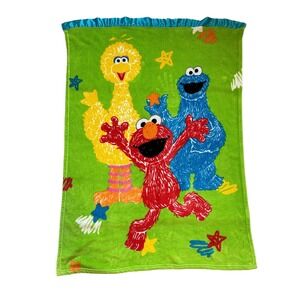 Sesame Street Big Bird Elmo Cookie Monster Green Blue Blanket Satin Star TEAR